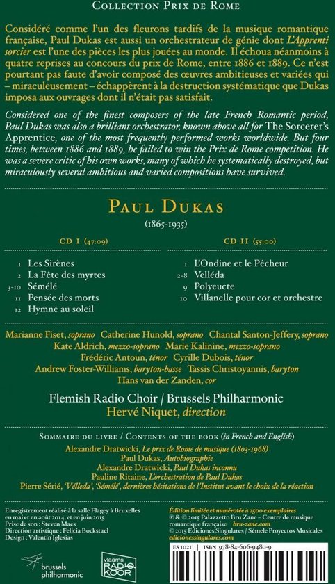 Achterkant van de CD-hoes met tekst over Paul Dukas en tracklijsten voor twee CD's. Bevat namen van artiesten en orkesten.