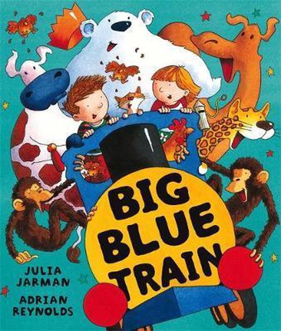 Boek 'Big Blue Train' met illustraties van dieren, kinderen en een grote blauwe trein.