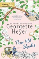 Boekomslag met roze achtergrond, G. Heyer "These Old Shades", karos met paarden, spelkaarten, waaier, pistolen en rozen.