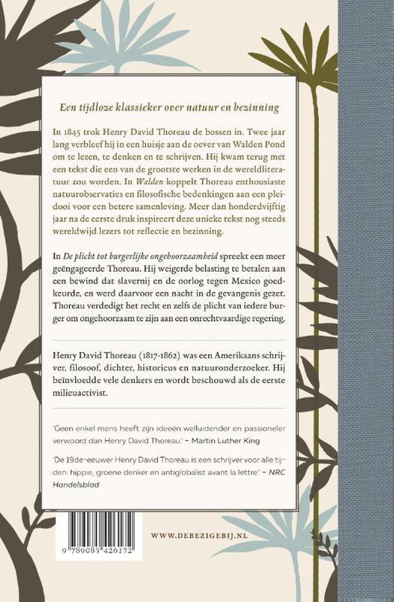 Achterkant van het boek 'Walden & de plicht tot burgerlijke ongehoorzaamheid' met tekst en een illustratie.