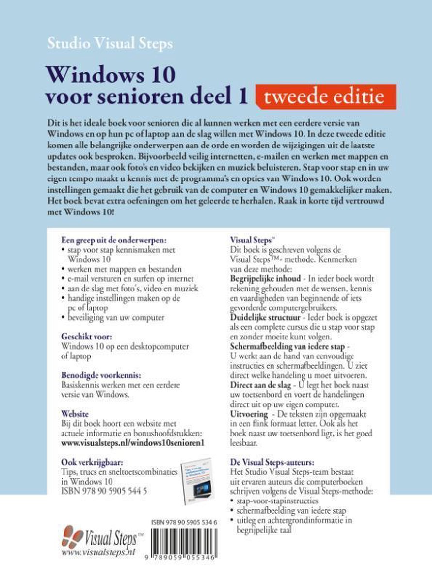Boekomslag van 'Windows 10 voor senioren deel 1' met tekst, illustraties van een laptop, en de Visual Steps logo.