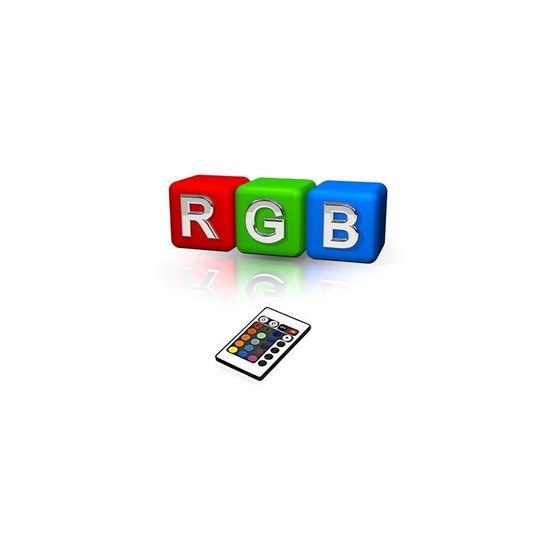 Trois cubes colorés avec les lettres R, G, B et une télécommande pour éclairage LED.