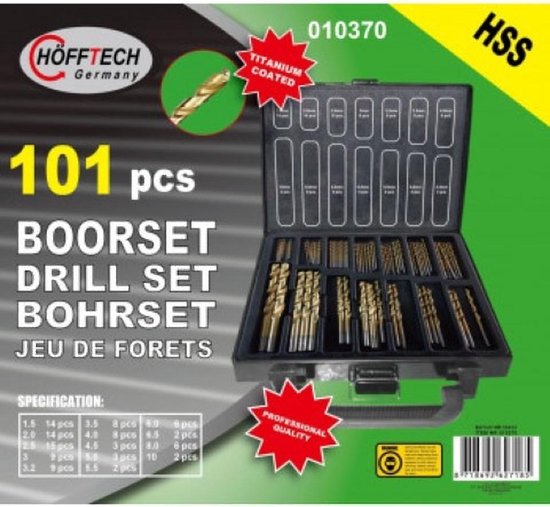 Afbeelding van een Hofftech 101-delige titanium boorset in een zwarte koffer met gouden boortjes.