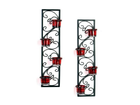 N3 Collecties 2 delige kaarsenhouder met rood glas en gratis T-licht kaarsen