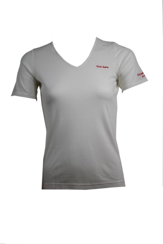 Sun-Safer zondoorlatende dames T-shirt wit met V-hals maat S bruin worden  zonder te... | bol.com