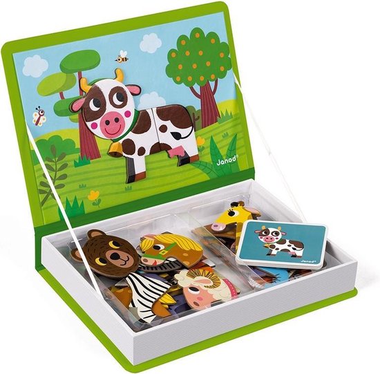 Een boek dat opent als een doosje met daarin verschillende magneten en kaarten van dieren, tip 2 speelgoed in het vliegtuig
