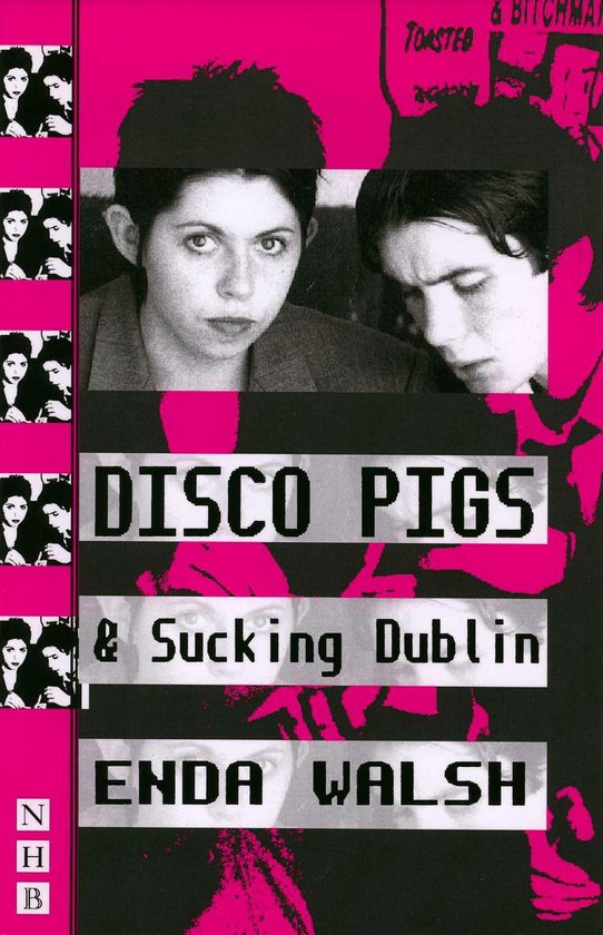 Boekomslag van 'Disco Pigs & Sucking Dublin' met close-up van twee jonge vrouwen, roze en zwarte typografie.