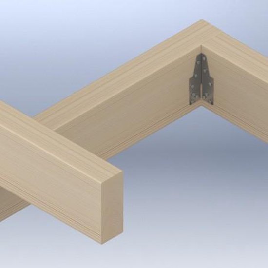 Houten balken verbonden door een zilverkleurige hoekversterker.