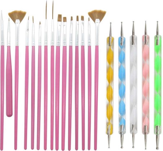 Evvie 20 delige nail art set - 15 nailart penselen en 5 dotting tools - Roze