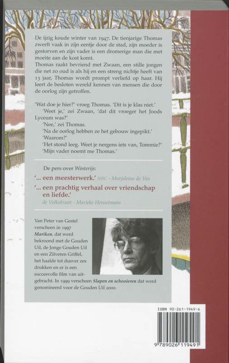 Achterflap van 'Winterijs' met boekrecensies en informatie over de auteur Peter van Gestel, met een portretfoto van hem.