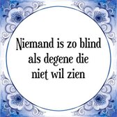 Tegeltje met Spreuk (Tegeltjeswijsheid): Niemand is zo blind als degene die niet wil zien + Kado verpakking & Plakhanger