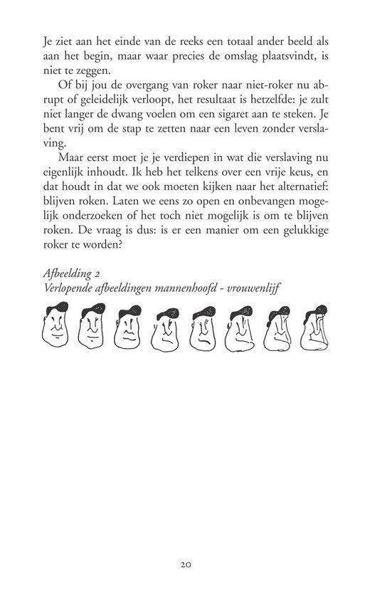 Pagina 20 van 'De Opluchting' met tekst en illustraties van gezichten.