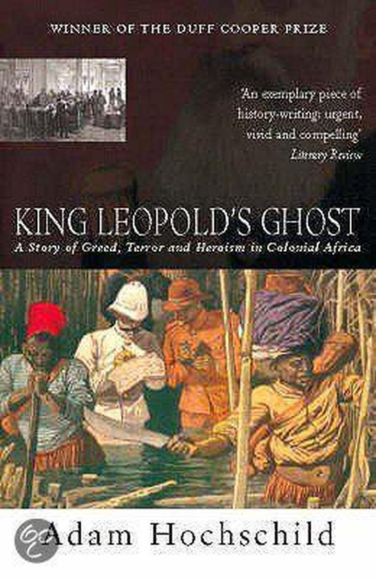 Livre "King Leopold's Ghost" avec une illustration de personnes en tenue africaine et une image de l'auteur.