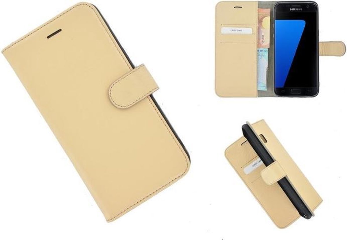 Samsung Galaxy S7 hoesje - Bookcase - Portemonnee Hoes Echt leer Wallet case Ivoorkleur