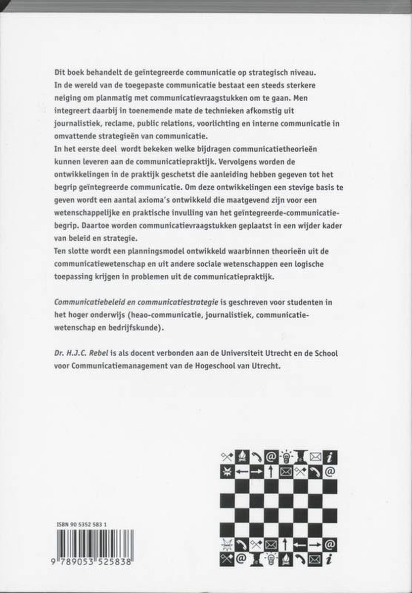 Achterkant van het boek 'Communicatiebeleid en communicatiestrategie' met ISBN-barcode en diverse pictogrammen op een schaakbordpatroon.