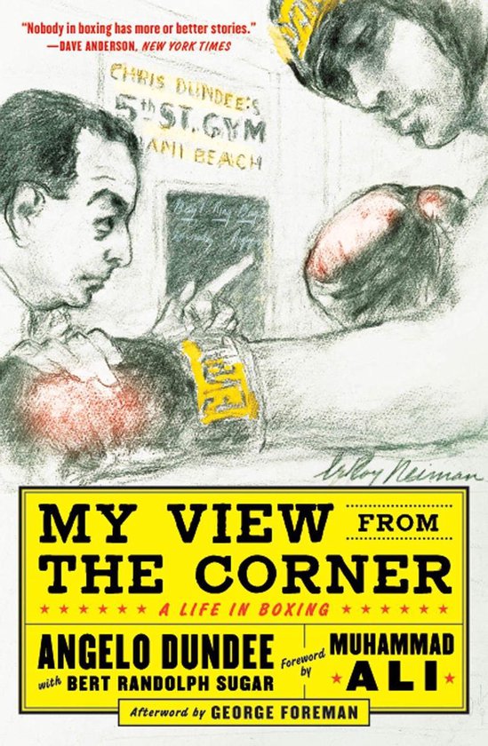 Boekcover 'My View from the Corner: A Life in Boxing' met illustraties van bokser en trainers.
