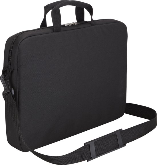 Zwarte laptoptas, van de zijkant gezien, met schouderband.