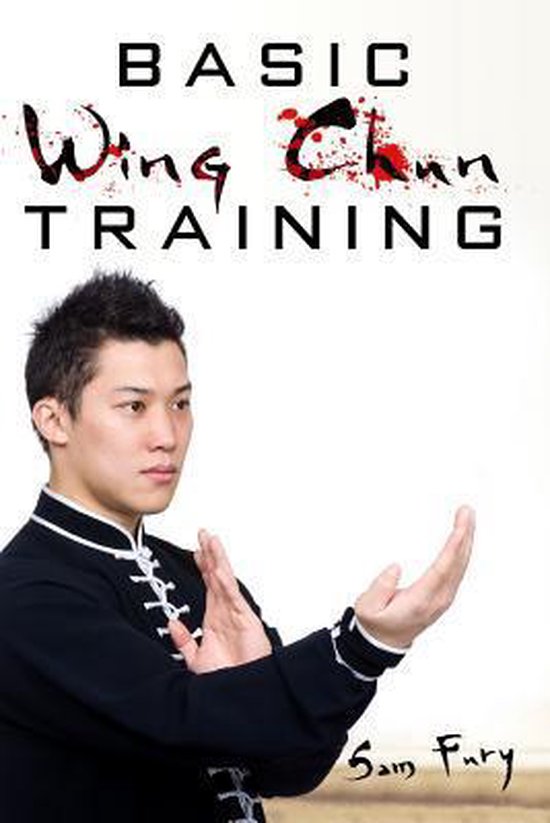 Man in zwart Wing Chun uniform met witte knopen, poses met handen omhoog. Titel: BASIC Wing Chun TRAINING.
