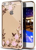 iCall - Apple iPhone 7 Plus - Electroplating TPU Case Transparant met Gouden Bumper en Vlinder met Diamant  (Golden Flowers Silicone Cover)
