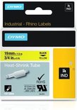 Verpakking DYMO Rhino Heat-Shrink Tube labels, 19 mm x 1,5 m, zwarte tekst op gele achtergrond. RoHS en UL certificering.