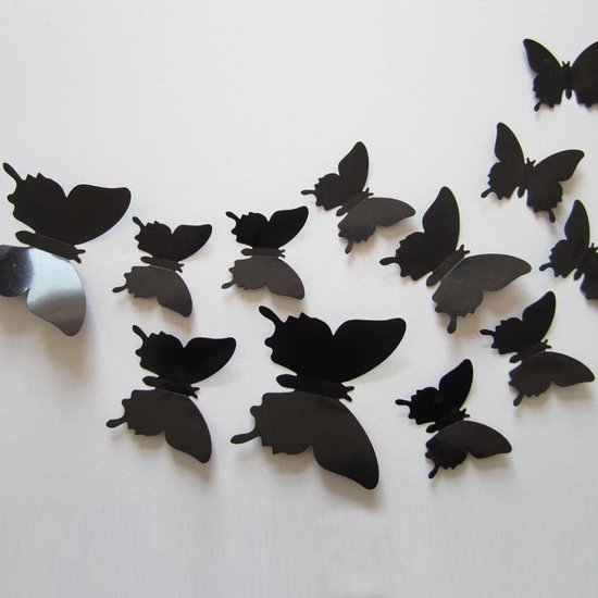 3D Vlinders Zwart (12 stuks) - Muursticker / Muurdecoratie voor Kinderkamer / Babykamer / Woonkamer
