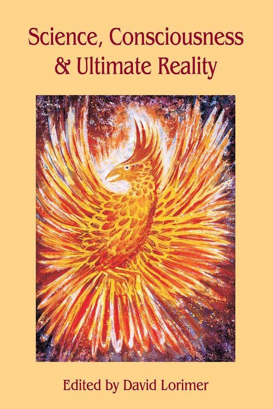 Boekcover van 'Science, Consciousness & Ultimate Reality'. Een feniks in vuur en vlam met oranje en gele tinten.