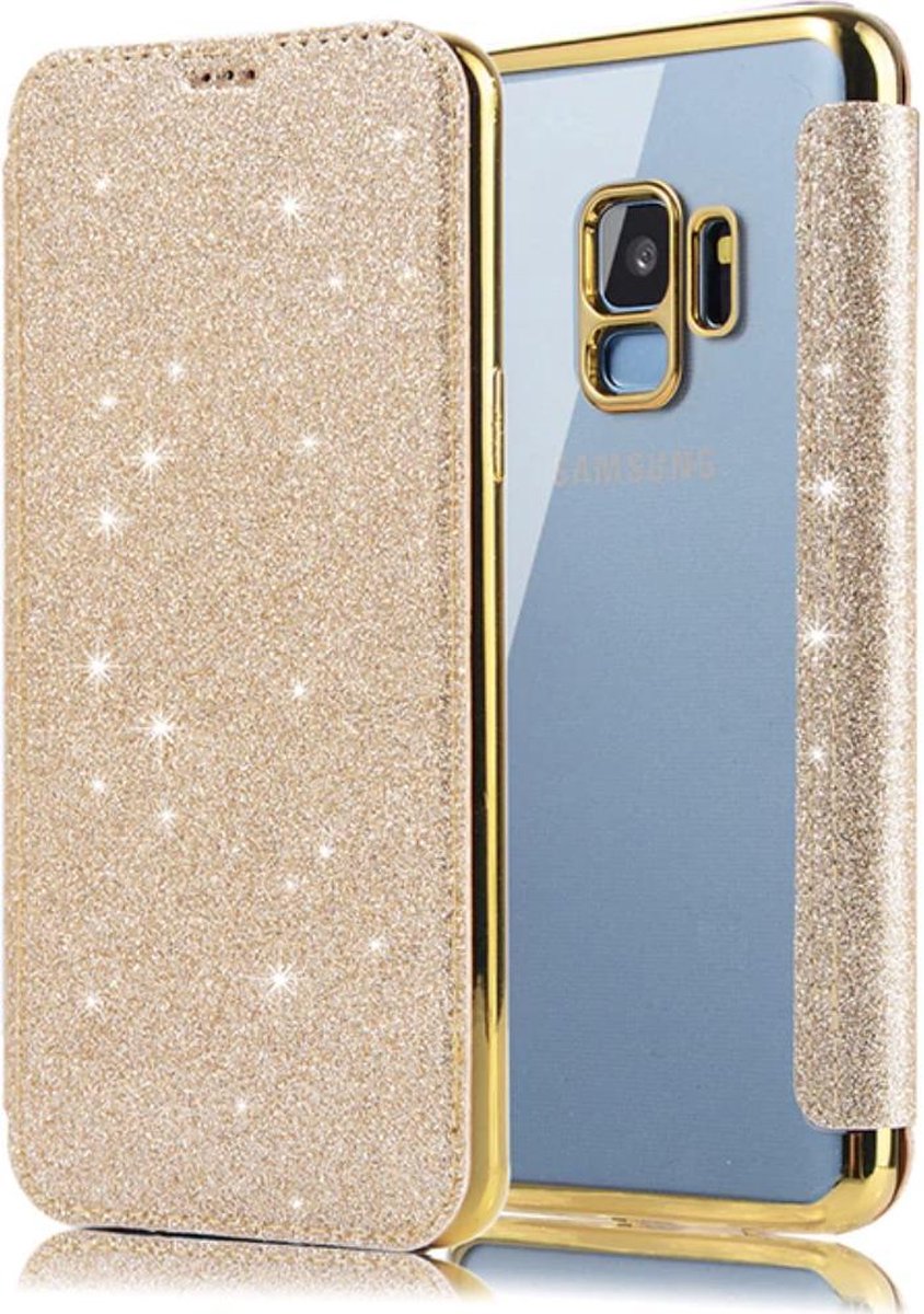 Geschikt voor Samsung Galaxy S9 Flip Case - Goud - Glitter - PU leer - Soft TPU - Folio