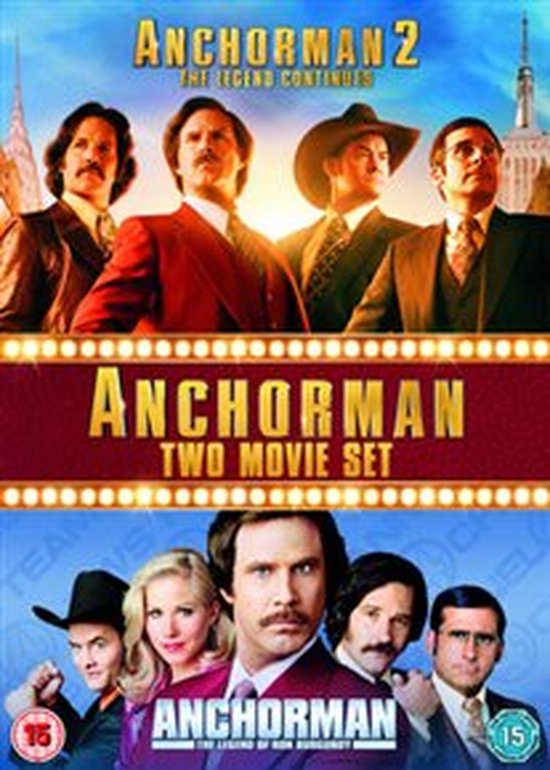 Blu-ray boxset van Anchorman Two Movie Set, met de vier hoofdrolspelers en leeftijdsclassificatie 15.