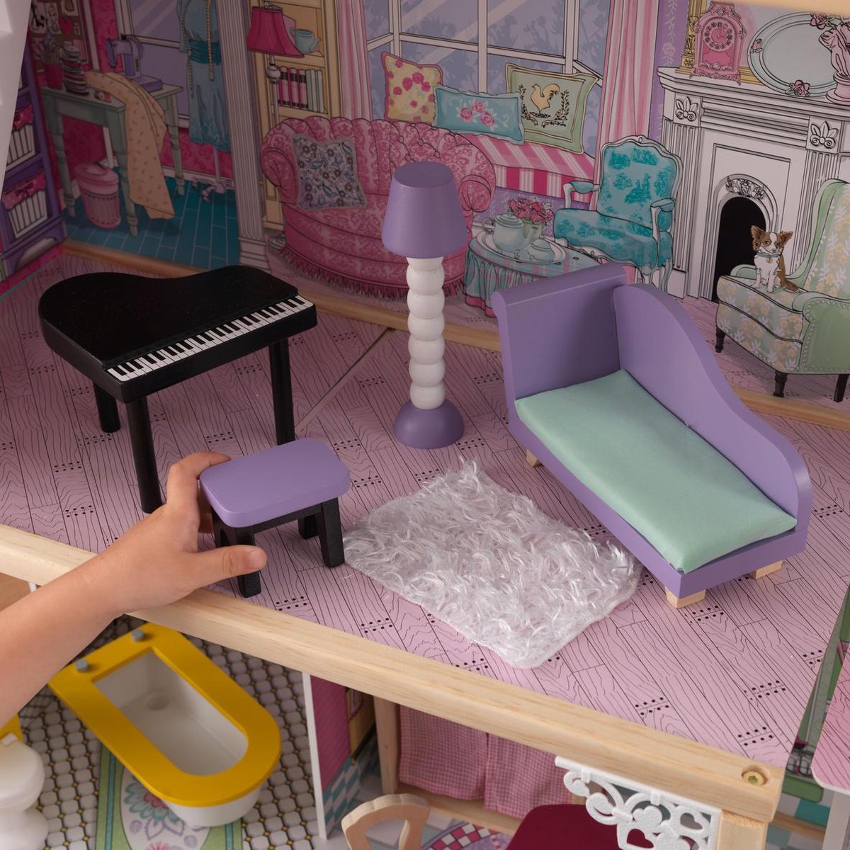 KidKraft Annabelle Poppenhuis – Groot Poppenhuis – Poppenhuis van Hout – 3 Verdiepingen, 5 Kamers & Lift – Inclusief 17 Accessoires – Voor 30 cm Barbies en Soortgelijke Poppen – Vanaf 3 jaar — afbeelding 11