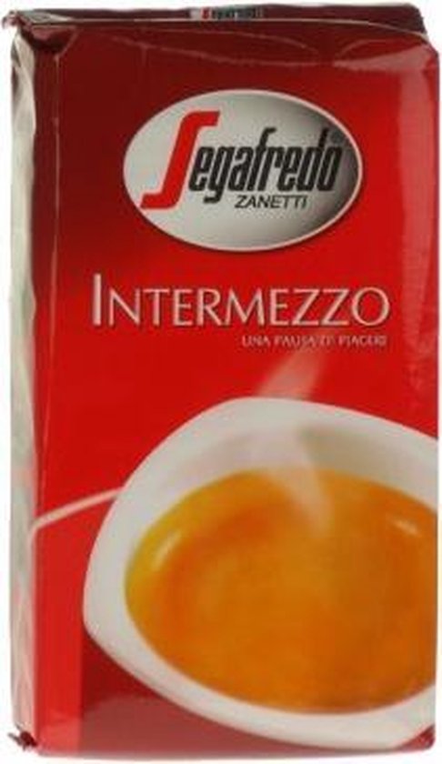 Segafredo Zanetti Intermezzo UNA PAUSA DI PIACERI, rode verpakking met afbeelding van kopje koffie.