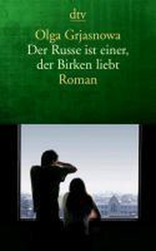 Boekomslag met de titel "Der Russe ist einer, der Birken liebt" en een illustratie van een stel dat uit een raam kijkt.