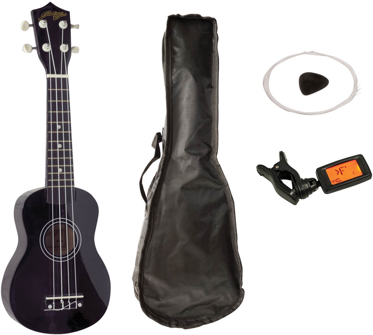 Johnny Brook JB310A Soprano Ukelele starterset met Ukelele, tas, clip on tuner (stemmer), snaren en plectrum - Zwart