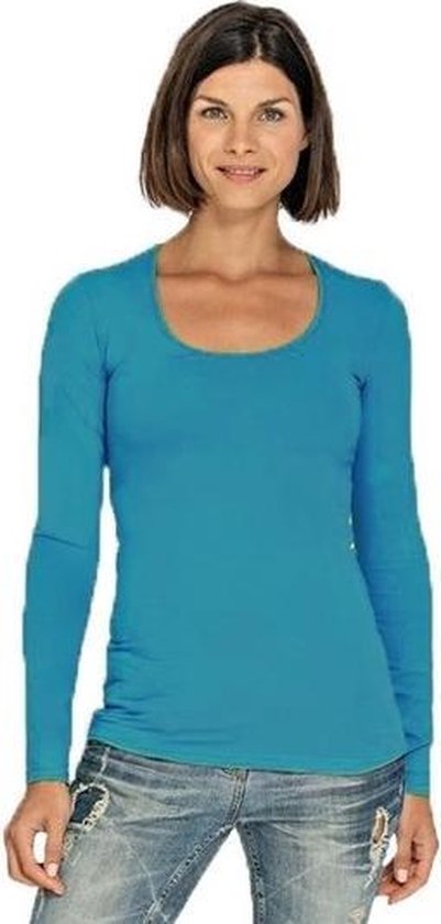 Bodyfit dames shirt lange mouwen/longsleeve turquoise - Dameskleding basic shirts S (36)