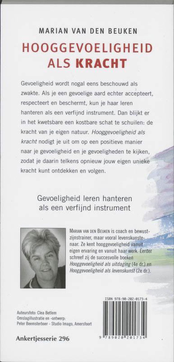 Achterkant boek 'Hooggevoeligheid als Kracht' met foto auteur Marian van den Beuken.