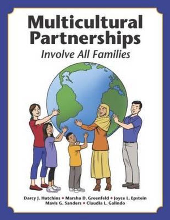 Couverture de livre intitulée 'Multicultural Partnerships Involve All Families' avec une illustration d'un groupe diversifié de personnes tenant un globe terrestre.