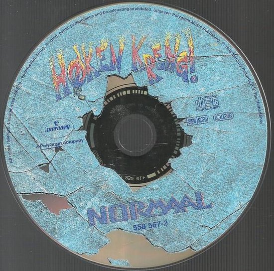 Cd van 'Hoken Kreng!' met gebarsten blauwe achtergrond en logo's.