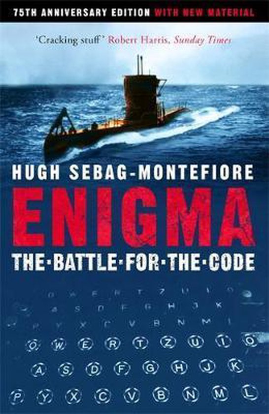 Boek "Enigma: The Battle For The Code" met op de voorkant een onderzeeër op het water en letters van een toetsenbord.