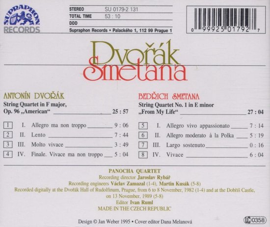 CD-hoes met tekst in het wit en geel. Bevat titels van composities van Dvořák en Smetana, artiesten, en tracklijsten.