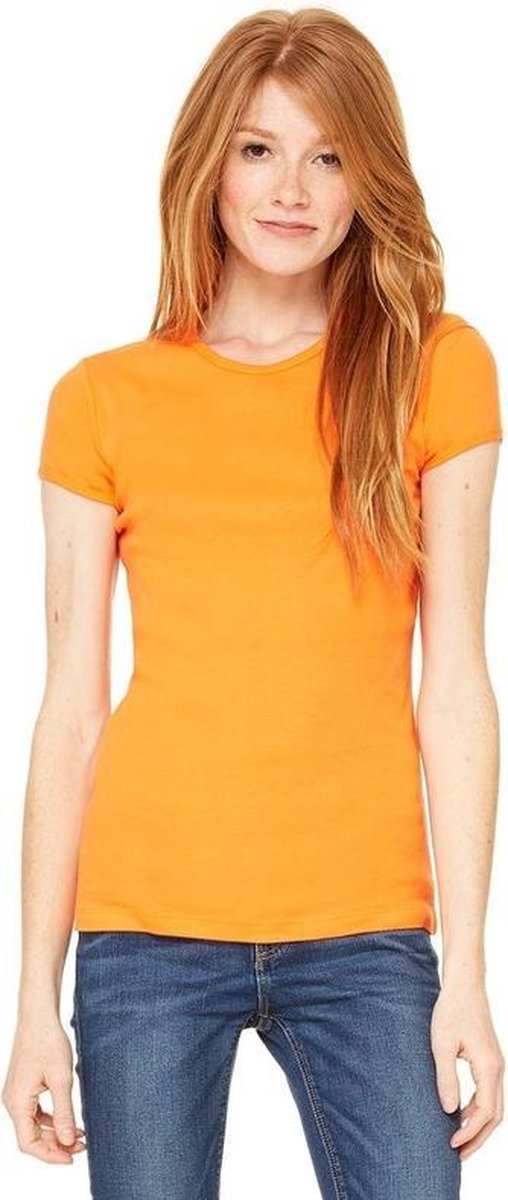 Basic t-shirt oranje met ronde hals voor dames - Dameskleding shirtjes L