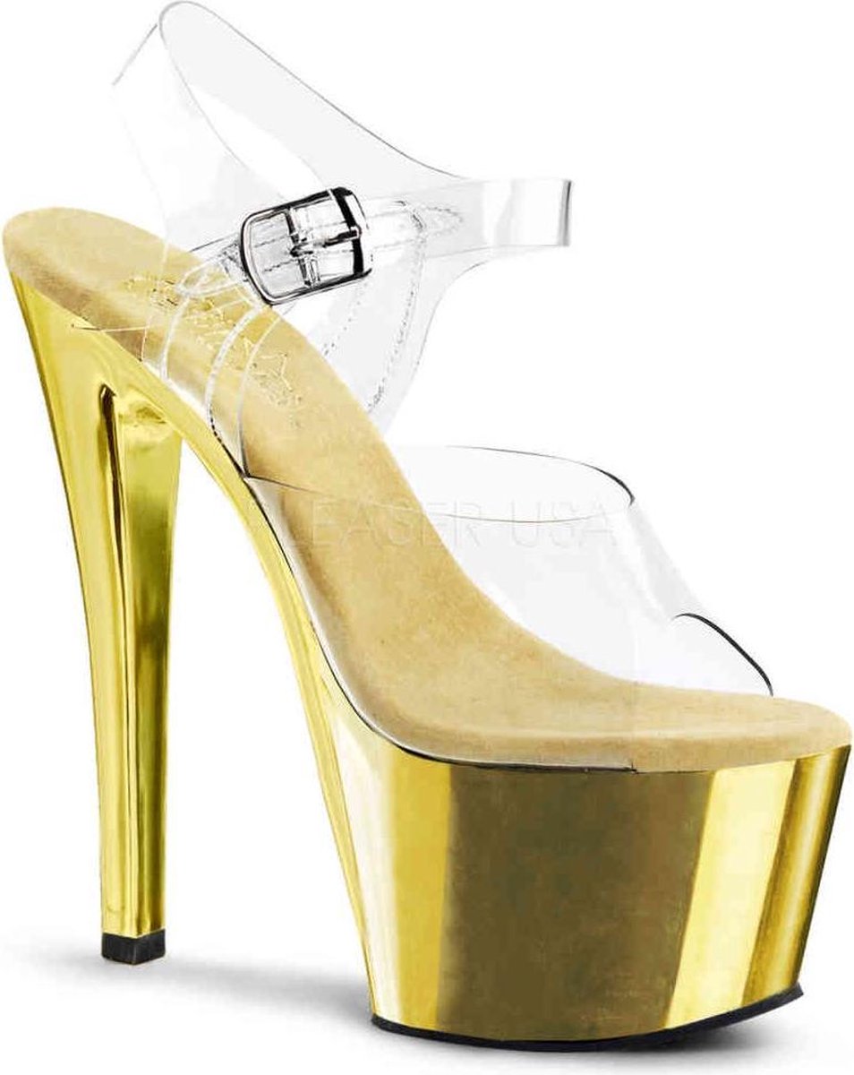 Pleaser - SKY308 Sandaal met enkelband, Paaldans schoenen - Paaldans schoenen - 38 Shoes - Goudkleurig/Transparant