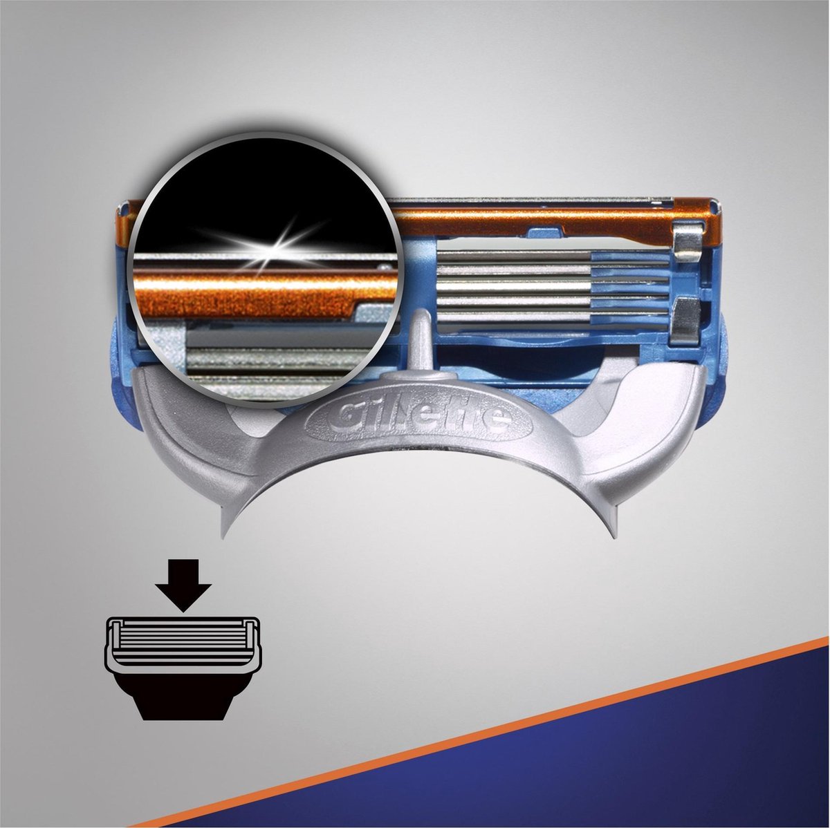 Gillette Fusion5 verpakking met 4 scheermesjes, oranje en geel. 'LAMES AMÉLIORÉES VERBETERDE MESJES'.