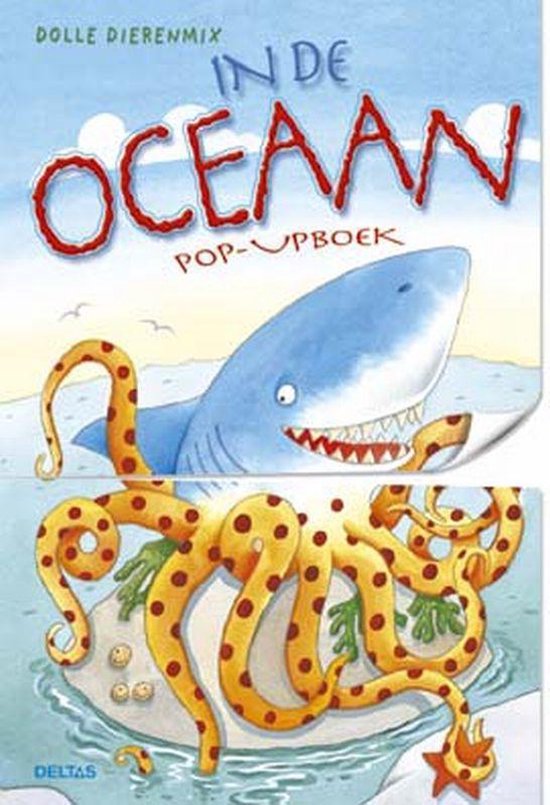 Pop-upboek 'In de oceaan' met een haai en een gele octopus met oranje stippen.