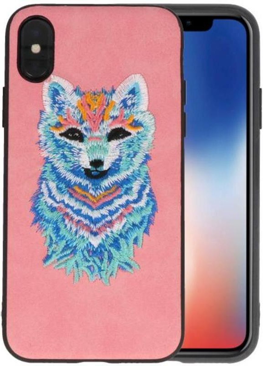 Borduurwerk Wolf Back Cases - Hoesje Geschikt voor iPhone X Roze