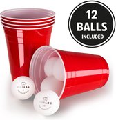 VIVALOO Bierspel – Drankspel - Set van 100 Plastic Bekers en 12 Beer Pong Ballen – Feest Wegwerpbekers – Rood - 455 ml