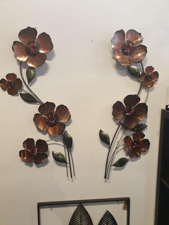 Metalen wanddecoratie- takken met bloemen klaprozen |