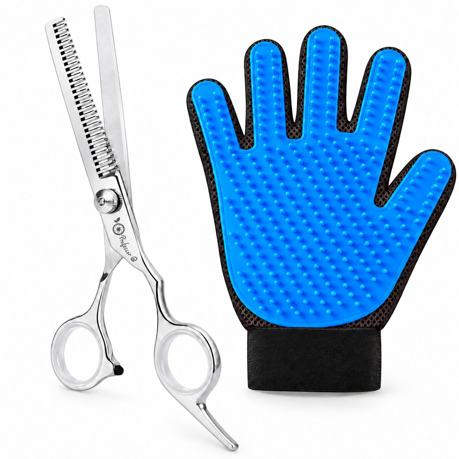 Professor Q Hondentrimset - Effileerschaar Wit - Vachthandschoen Blauw - 2-delig