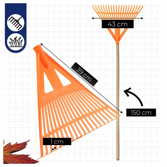 Tuinbladhark met steel - 20 tanden, kunststof kop, 150cm steel — afbeelding 5