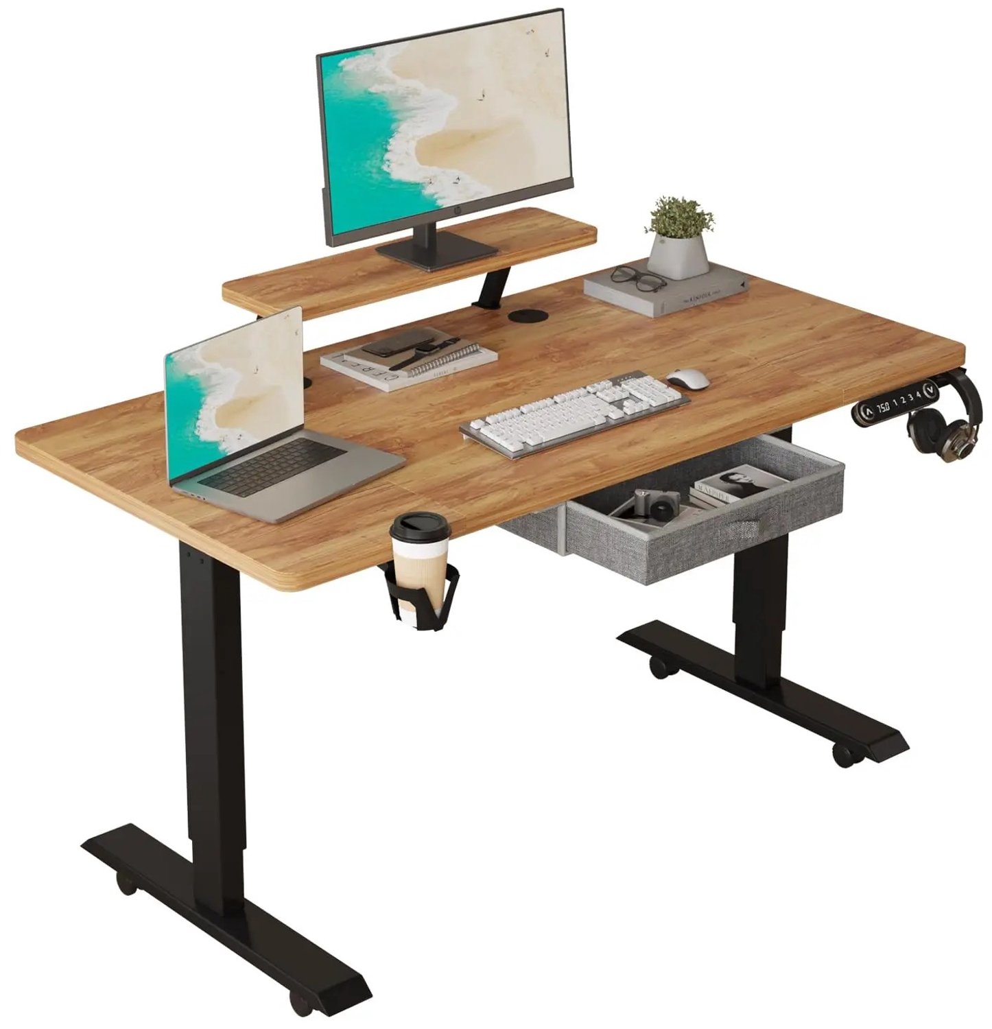 Atlasyx bureau - Tafel - Zit sta bureau - Bureau met lades - Bureautafel - Elektrisch verstelbaar - Met wielen - 140x76 cm - Bruin