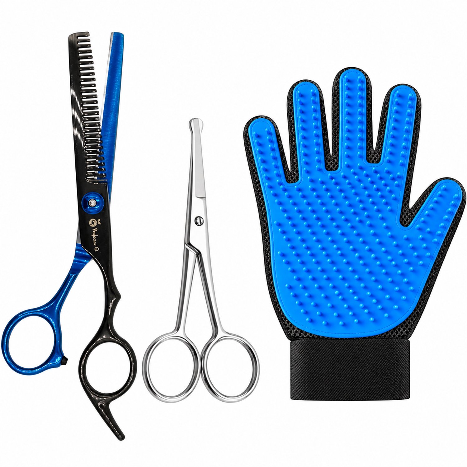Professor Q Hondentrimset - Effileerschaar Zwart/Blauw - Potenschaar Zilver en Vachthandschoen Blauw - 3-delig