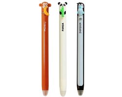 Ainy Kawaii dieren uitwisbare pen set | 3 uitgumbare pennen voor etui , pennenzak of pennenbak | Blauw Inkt | Panda, Pinguin en Aap design | Uitgumbare gelpennen schrijfwarenset voor kinderen en volwassenen